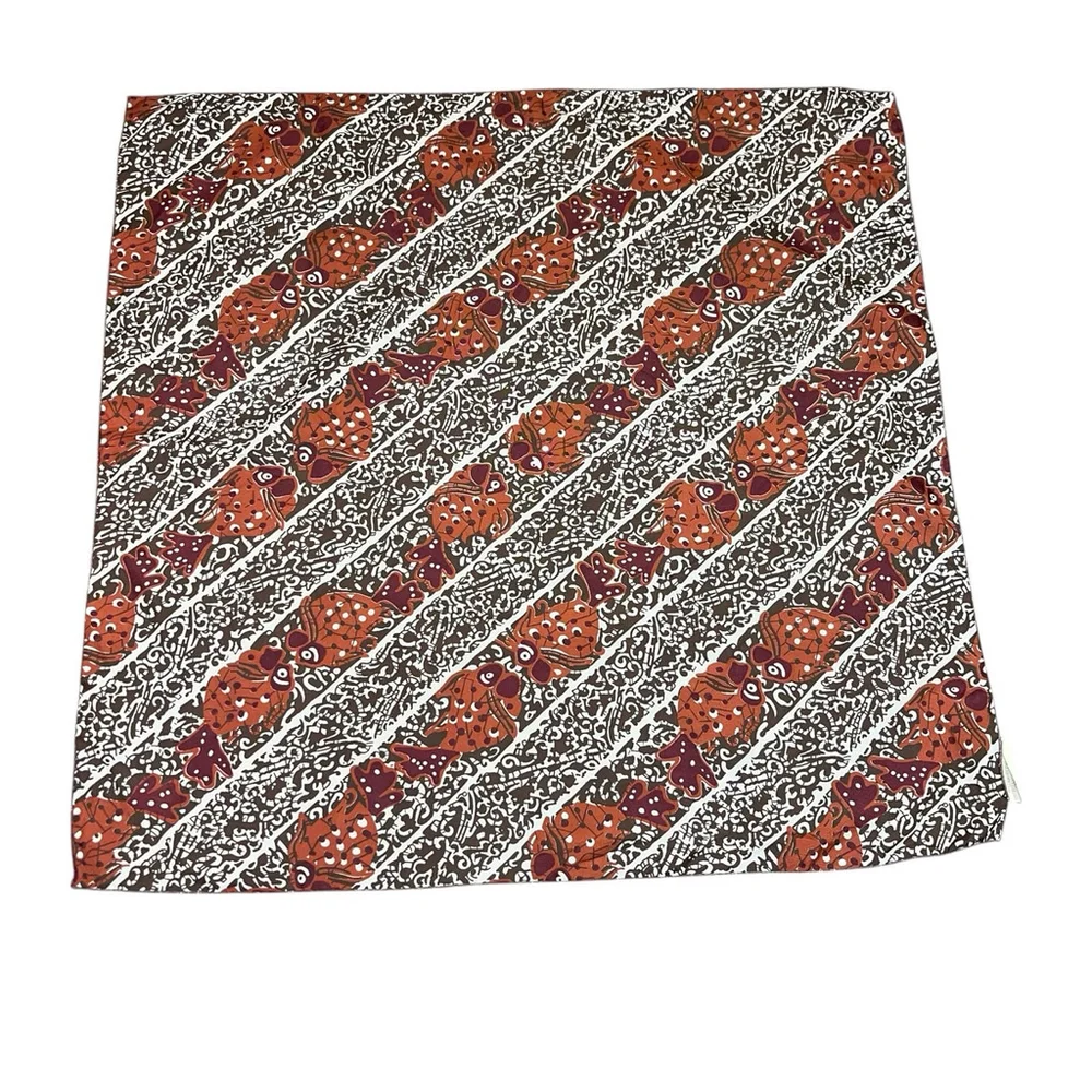 Vintage Burnt Orange Cream Brown Fish Pattern Scarf 100% Polyester‎ Made In USA